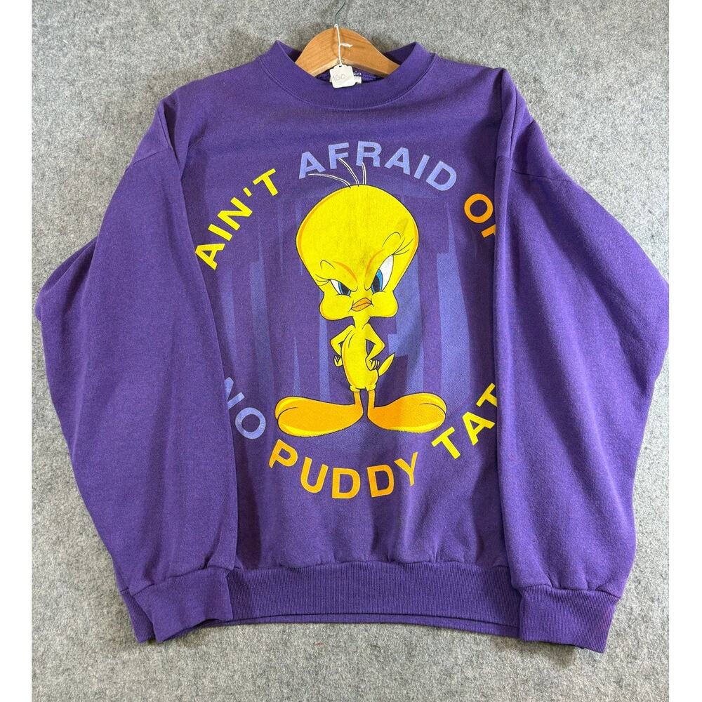 Vintage 90s Tweety Bird Sweatshirt Mens Large Purple Looney Tunes Crewneck USA